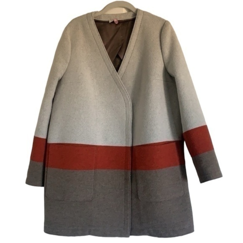 Tory Burch jacket blanket striped wool blend sparrow ivory rust color front snap